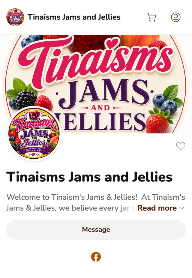 Tinaisms Jams and Jellies storefront on Homegrown, shown on a phone with its banner, logo and Message button