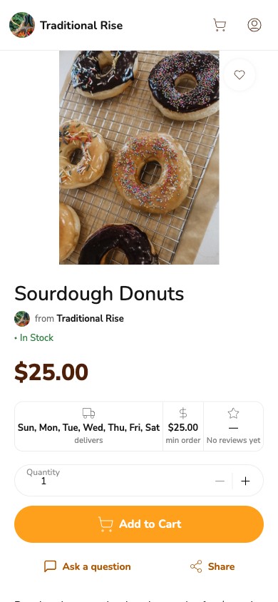 Phone screenshot of Traditional Rise's Sourdough Donuts product page on Homegrown, showing glazed, chocolate and sprinkle donuts on a cooling rack, a price of $25.00, In Stock, and a $25.00 minimum order