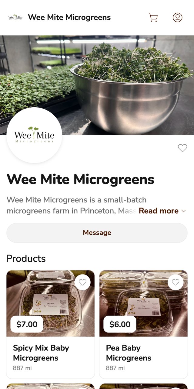 Phone screenshot of the Wee Mite Microgreens storefront on Homegrown, showing a banner of a steel bowl piled with microgreens in front of growing trays, the Wee Mite logo, a Message button and two products, Spicy Mix Baby Microgreens at $7.00 and Pea Baby Microgreens at $6.00